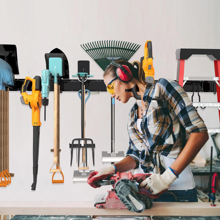 Werkzeug-Wandregal, verstellbar Wandhalterungen für Garage und Garten mit 6 Haken &amp; 2 Schienen, Hoch