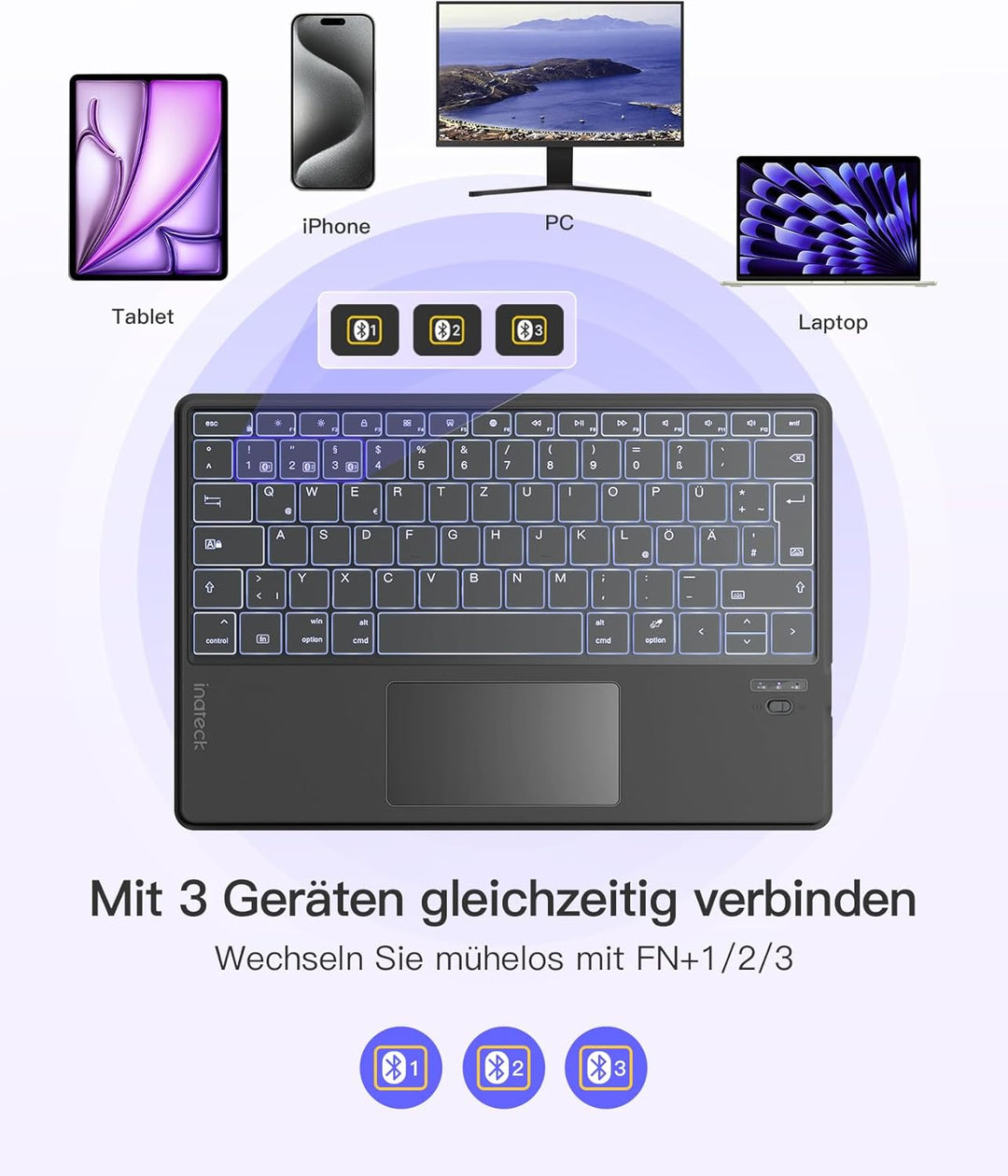 Inateck Bluethooth Tastatur mit Touchpad,Tablet Tastatur Ultra-Slim, mit 3 Bluetooth Kanälen für Win