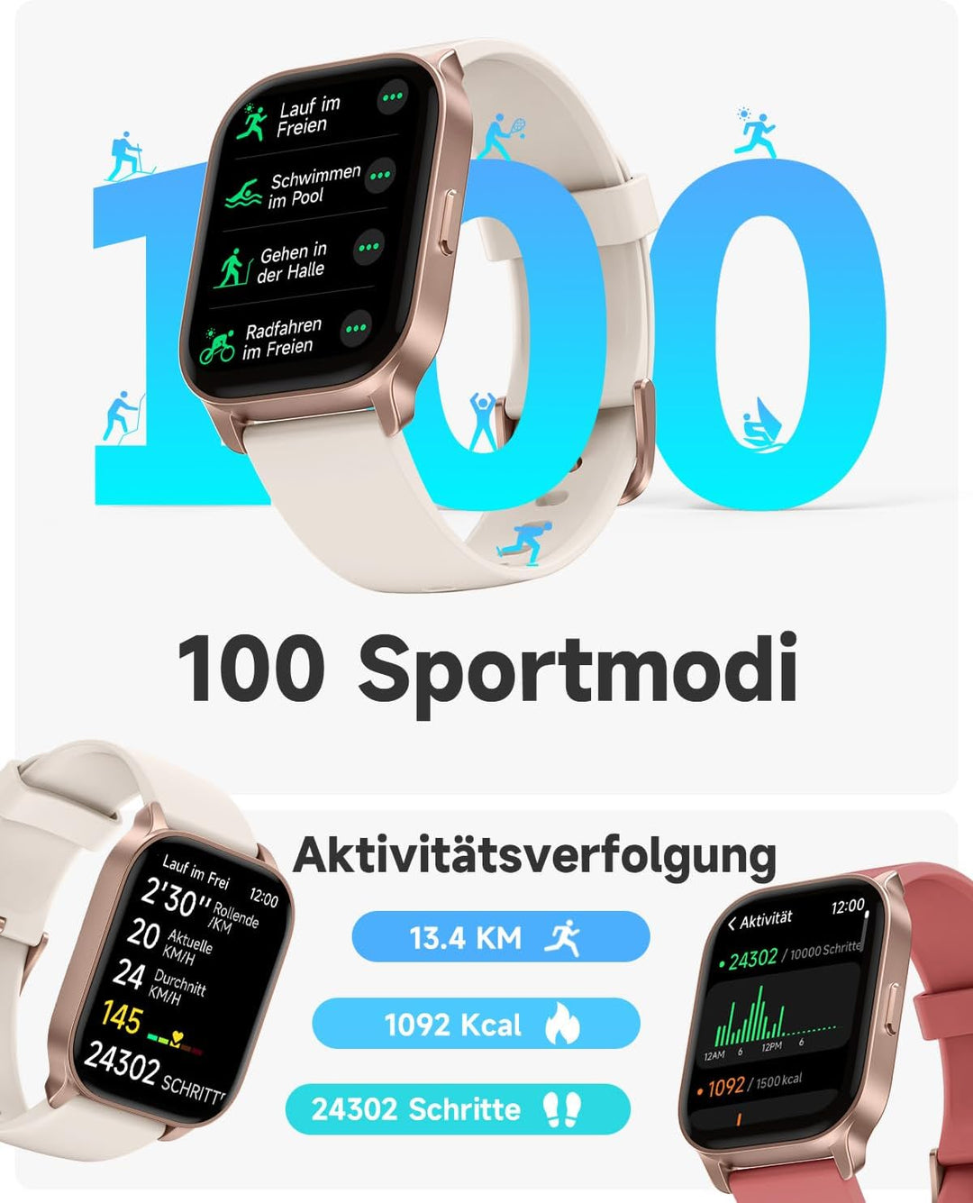 TOOBUR Smartwatch für Damen und Herren, Anrufe entgegennehmen/tätigen, Fitness-Tracker mit Herzfrequ