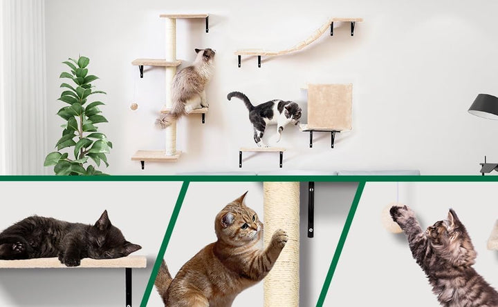Zvonema Kletterwand Katzen, Katzen Wandelemente, 10-Teilig Kletterwand Set, Stabiler Holz Katzenmöbe