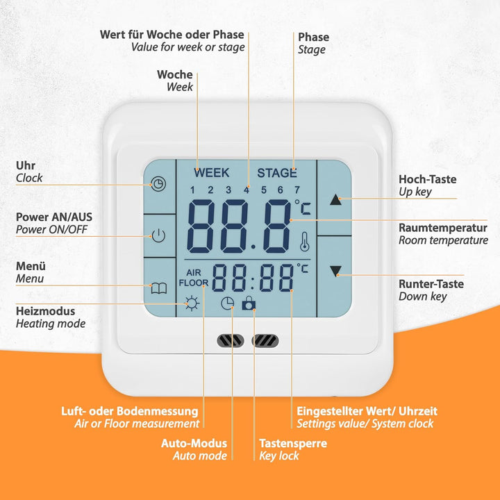 Digital Thermostat H3 + Touch-Screen Unterputz mit Fühler für Fussbodenheizung Weiss