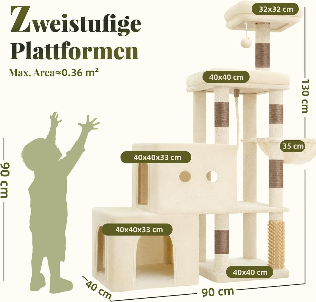 Hey-brother Kratzbaum, 130 cm Kratzbaum für Kätzchen und kleinere Katzen mit 2 geräumigen Höhle, 2 P
