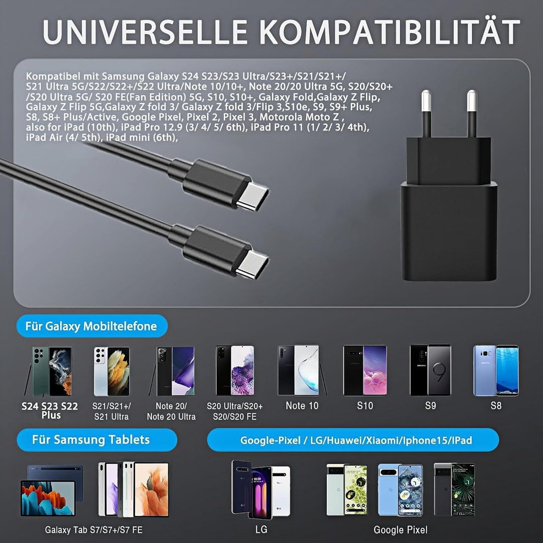 25W USB C Ladegerät 2er-Pack Schnellladegerät mit 2m Ladekabel für iPhone 17/15/16 Serie, USB C Netz