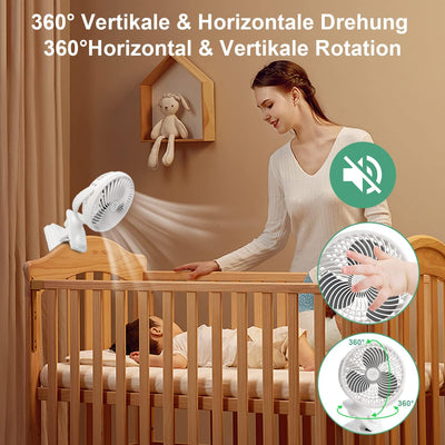 Oszillation Tischventilator 10000mAh Mini USB Ventilator Stufenloser Geschwindigkeit, Leise Clip Fan