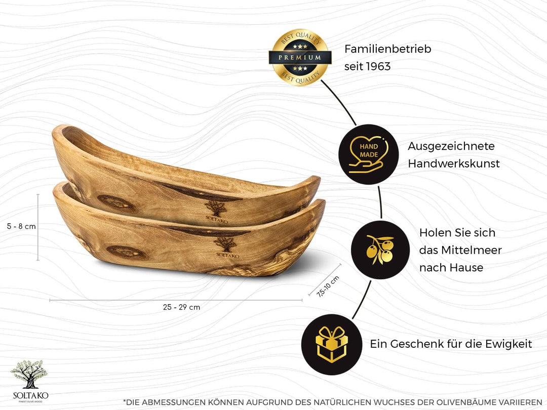 SOLTAKO Olivenholz Schale länglich [2er Set] Le Boulanger M (25-29 cm) rustikale Schälchen aus Olive