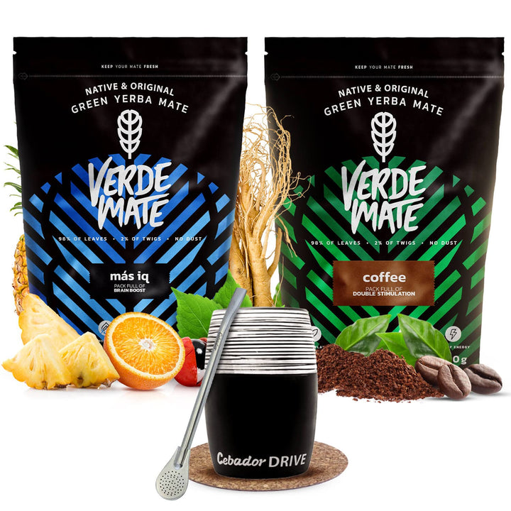 Mate Tee Verde Mate Set 1kg - Brasilien Yerba Mate Mas IQ, Coffee - mit Keramik Mate Becher Drive, B