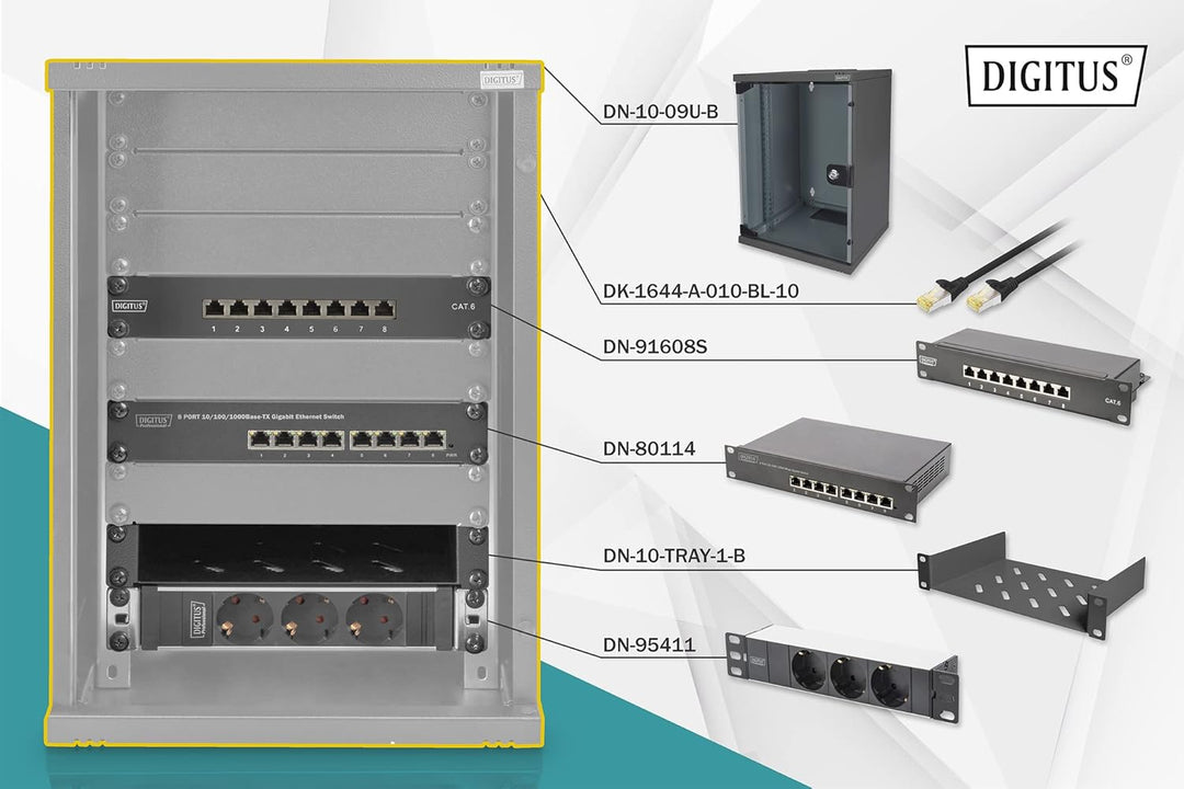 DIGITUS 10-Zoll Set - Netzwerk-Schrank 9HE Schwarz - Fachboden - Steckdosenleiste - 8-Port Patch-Pan