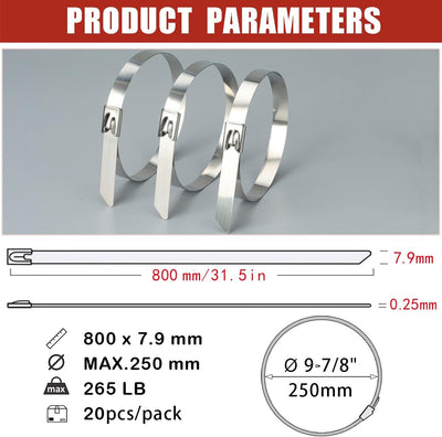 MgcTolBox Edelstahl Kabelbinder Lang 800x7.9mm, Kabelbinder Metall | 20 Stück 7.9 x 800mm, 7.9 x 800