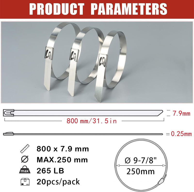MgcTolBox Edelstahl Kabelbinder Lang 800x7.9mm, Kabelbinder Metall | 20 Stück 7.9 x 800mm, 7.9 x 800