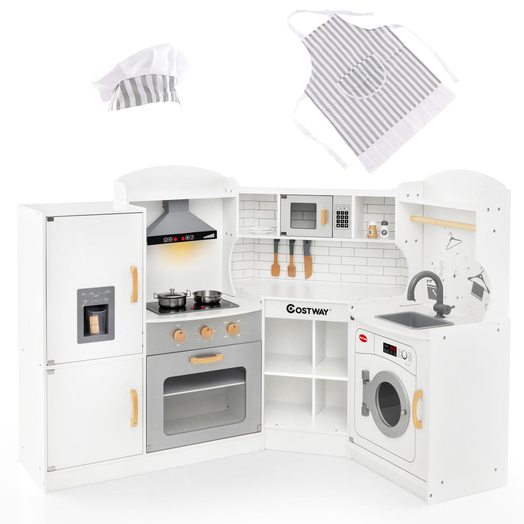 COSTWAY Eck Spielküche, Kinderküche mit Licht & Sound, Kinderspielküche mit Spüle, Eismaschine, Back
