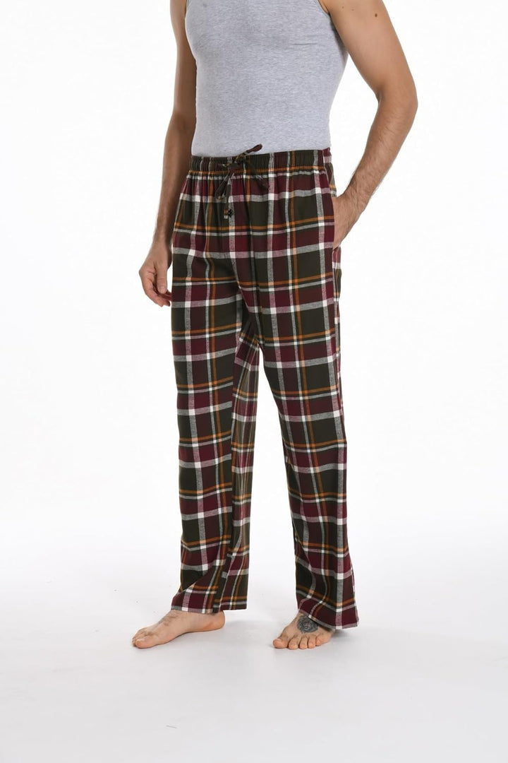 Herren 100% Baumwolle Flanell Bequeme Pyjama/Lounge Bottoms mit Taschen, M Burgundy White Plaid