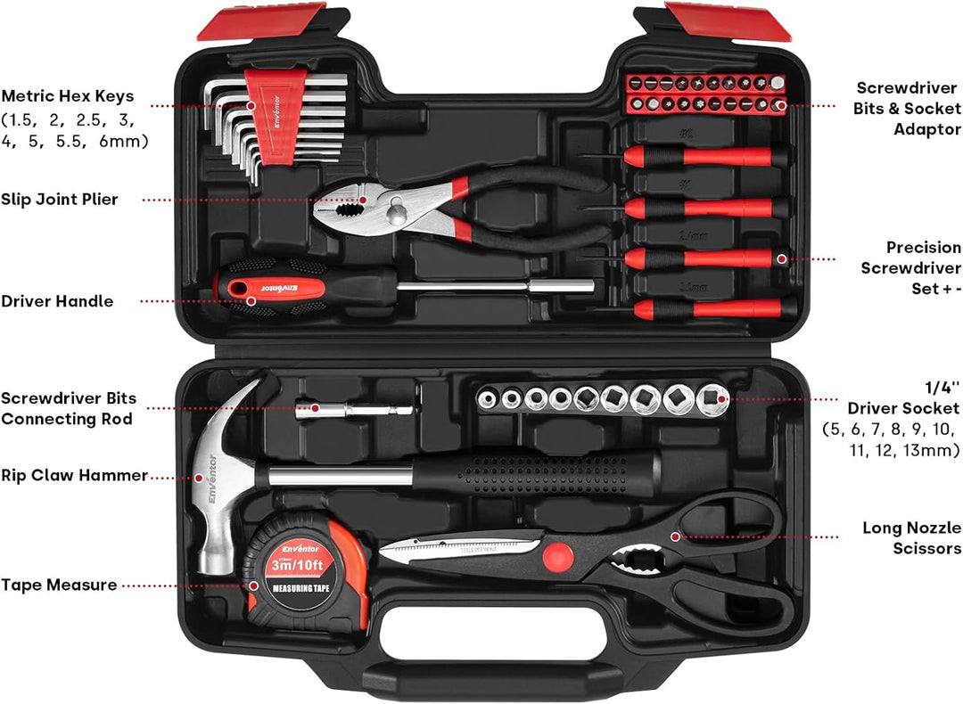 Enventor 48-Tlg Kleiner Werkzeugkoffer, Rotes Mini-Werkzeugset mit Hammer und Schraubendreher-Set, i
