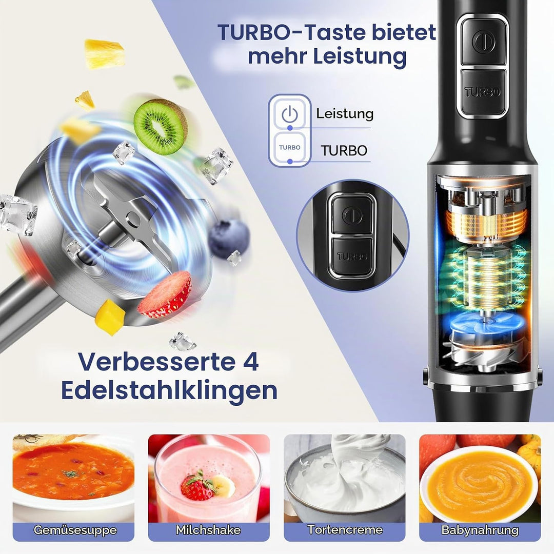 1500W Stabmixer, 4-in-1 Pürierstab, 25 Geschwindigkeitsstufen &amp; Turbo-Stabmixer Set mit Schneebesen,