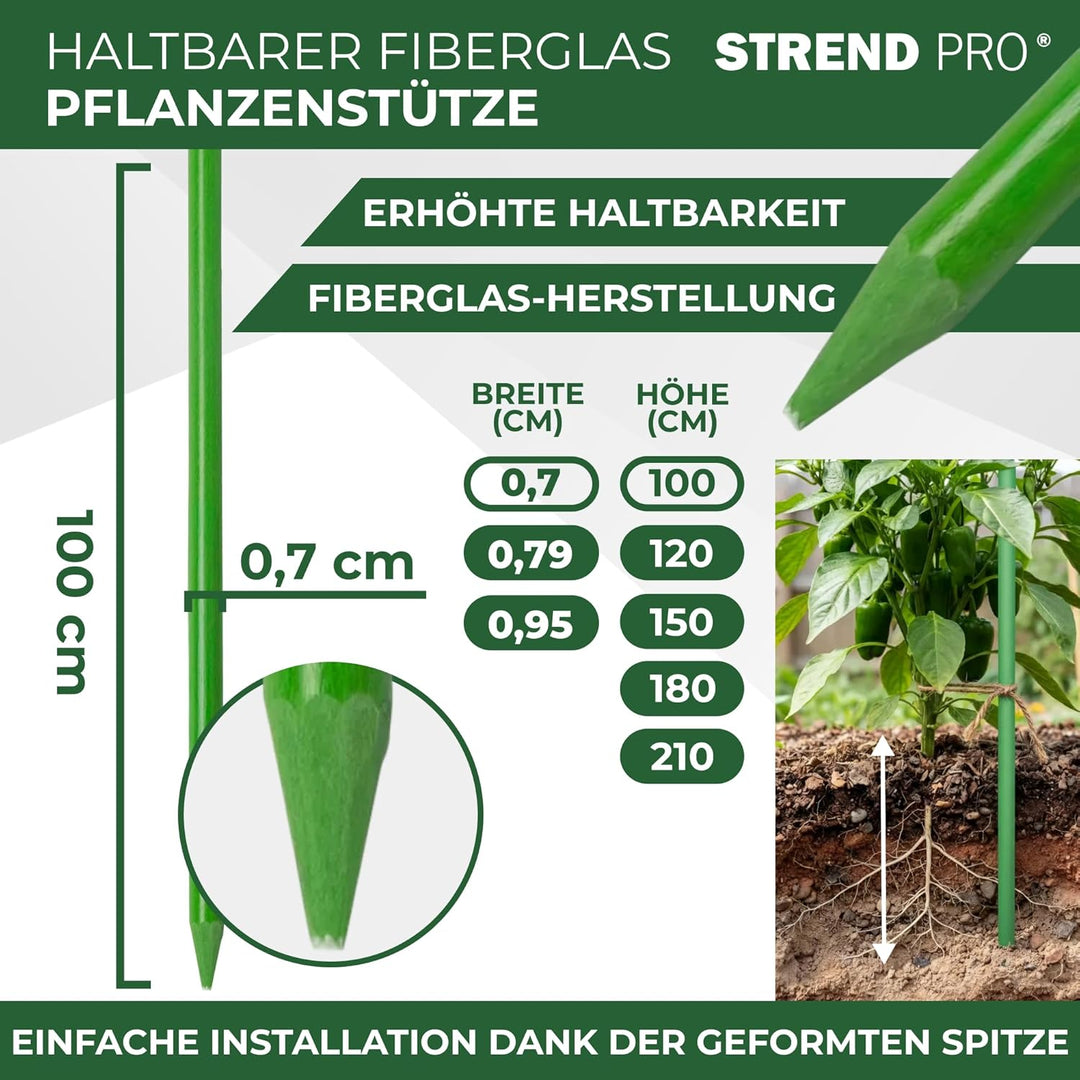 STREND PRO Pflanzstäbe 100 cm - 25er Set | Ø 7 mm Fiberglas Rankstab Grün | Flexible Pflanzenstütze