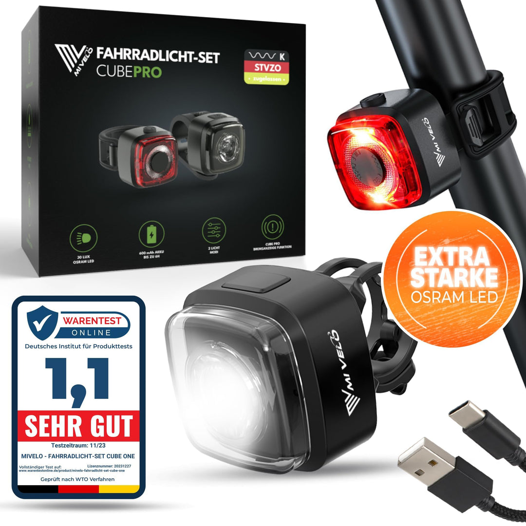 MIVELO Cube Fahrradlicht Set StVZO zugelassen Fahrradbeleuchtung - USB-aufladbar & 100% wasserdicht