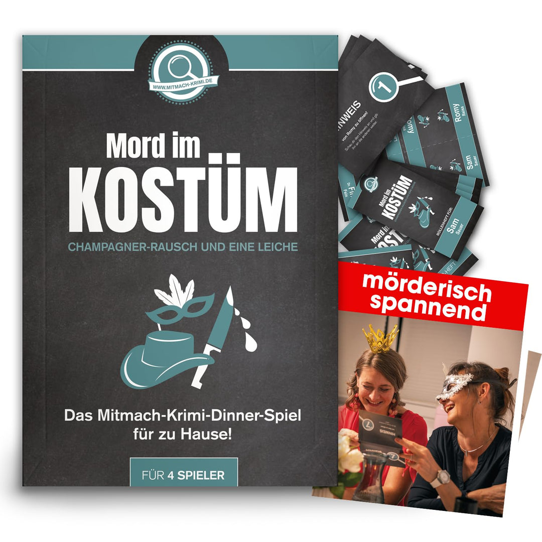 Krimispiel Mord im Kostüm – Champagner-Rausch und eine Leiche – Krimi Dinner Spiel für zuhause für 4