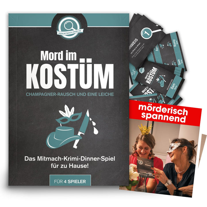 Krimispiel Mord im Kostüm – Champagner-Rausch und eine Leiche – Krimi Dinner Spiel für zuhause für 4