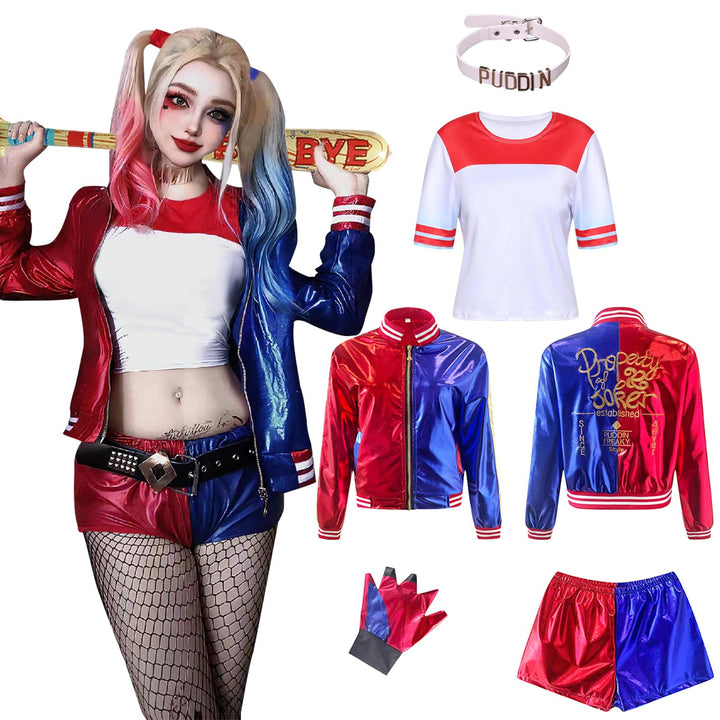 Ansamy Harley Cosplay Kostüme für Erwachsene Kinder, Mädchen Bösewicht Suicide Kostüm Kit enthalten