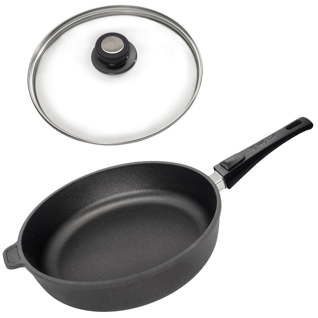 Eurolux Guss-Pfanne Induktion Set &amp; Glas-Deckel Ø 28 cm abnehmbarer Griff - hoher Rand 7 cm - Alugus