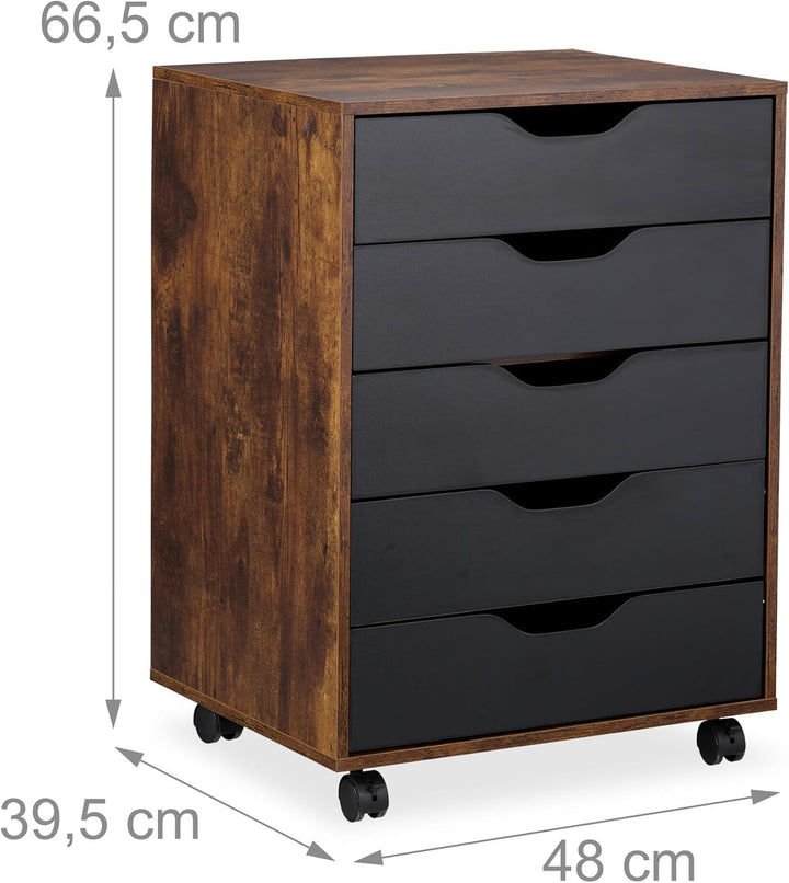 Relaxdays Rollcontainer, 5 Schubladen, HxBxT: 66,5 x 48 x 39,5 cm, Büroschrank, Aktenschrank mit Rol