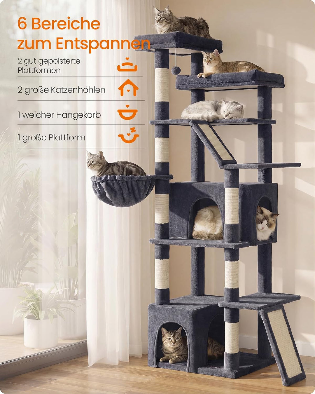 Feandrea Kratzbaum gross, 184,5 cm hoch, Katzenbaum, Katzenkratzbaum, mit 7 Kratzsäulen, 2 Kratzbret