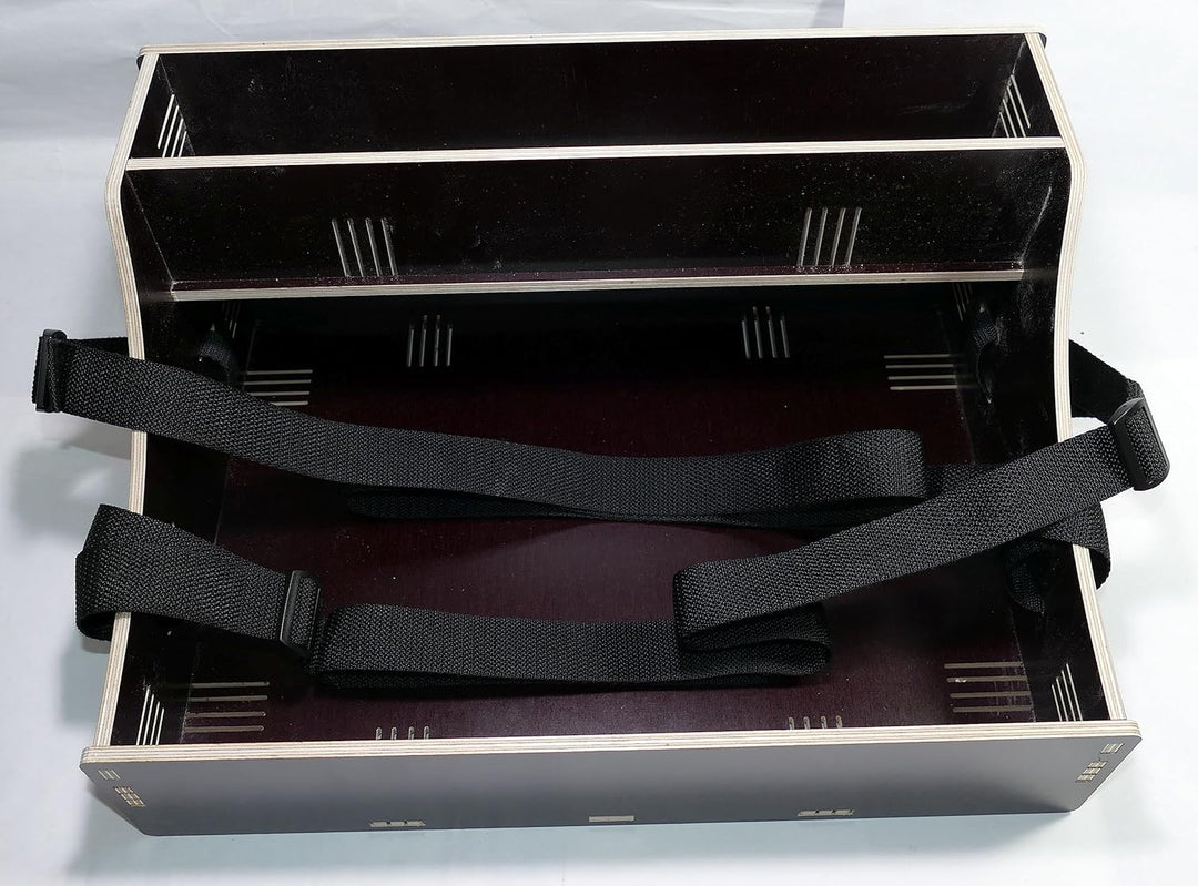 Holz Bauchladen schwarz/braun mit Oberlade 2 Gurte JGA Fete Catering 42 cm x 30 cm mit schwarzem Tra