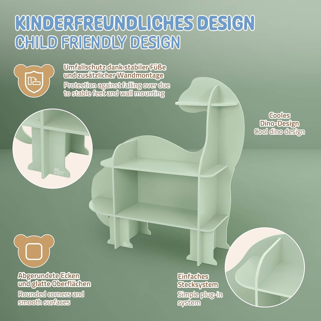 Joyz Kinderregal 3 Ebenen, Dinosaurier, Spielzeugregal Holz mit offenen Regalen, 110x31x110 cm, Büch