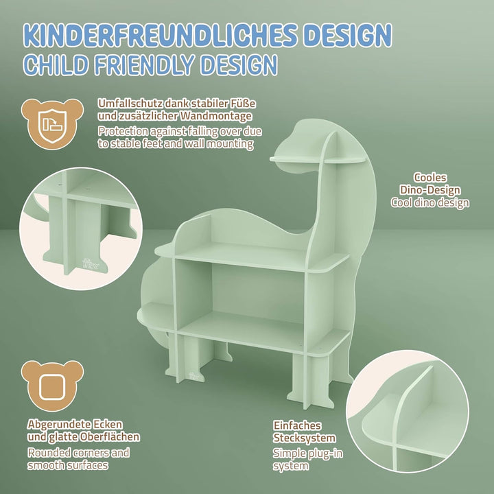 Joyz Kinderregal 3 Ebenen, Dinosaurier, Spielzeugregal Holz mit offenen Regalen, 110x31x110 cm, Büch