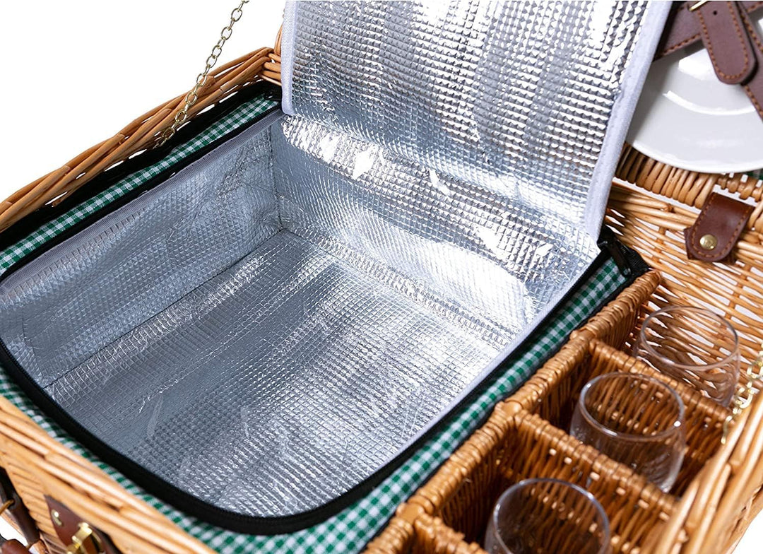 2 Handgefertigte Picknickkörbe für 4 Personen mit Kühlfach, Edelstahlbesteck, Porzellanteller, Weing