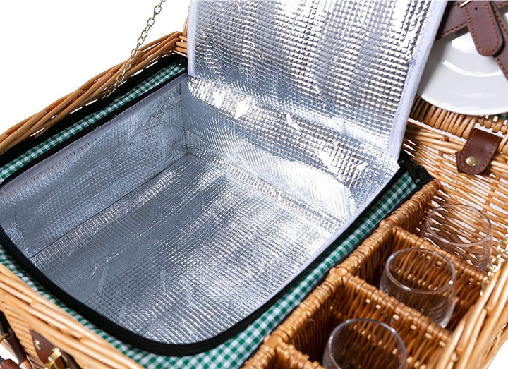2 Handgefertigte Picknickkörbe für 4 Personen mit Kühlfach, Edelstahlbesteck, Porzellanteller, Weing