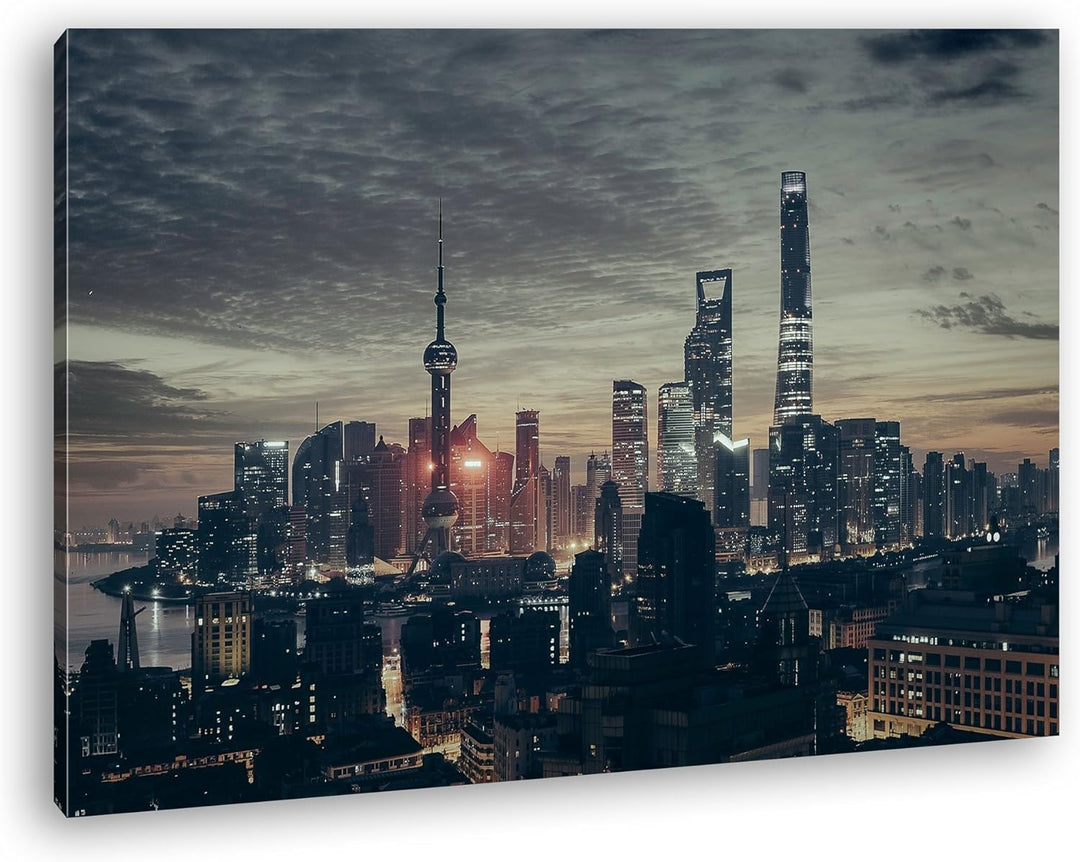 deyoli einnehmende Skyline Format: 80x60 als Leinwandbild, Motiv fertig gerahmt auf Echtholzrahmen,