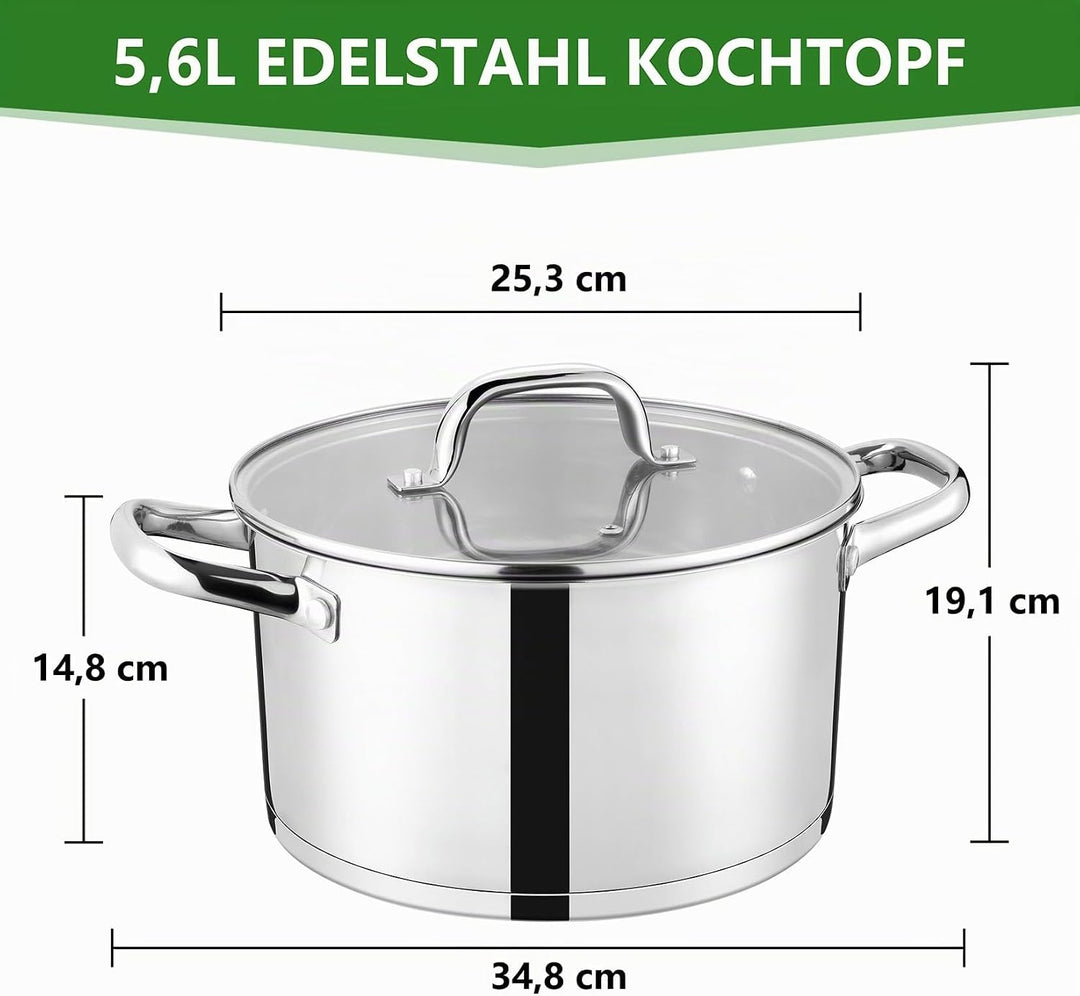 24cm Kochtopf, Onader 3-Lagiger Boden Edelstahl Topf Induktion mit Glasdeckel, 5,6L Nudeltopf Suppen
