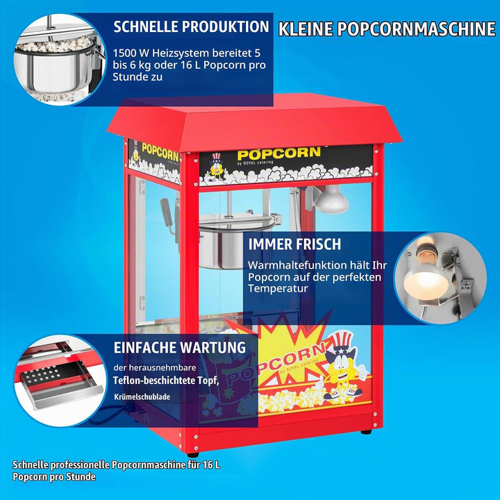 Royal Catering Popcornmaschine Popcornmaker RCPR-16E (1.600 W, Arbeitsleistung 5 kg/h 16 L/h, Topfdu