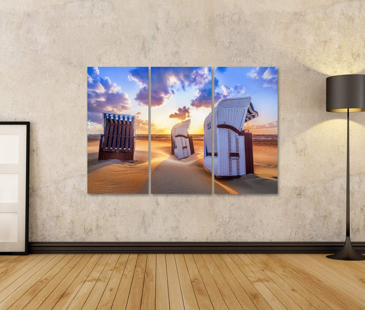 islandburner Bild auf Leinwand Strand Sonnenuntergang Ostsee Strandkörbe Bilder Wandbilder Poster Le