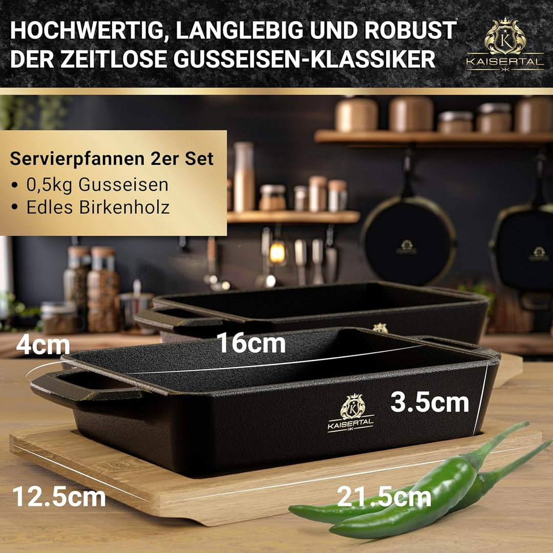 KAISERTAL Servierpfanne Gusseisen 16x11cm – Pfanne mit 2 Griffen & Holzuntersetzer – Servierpfanne K