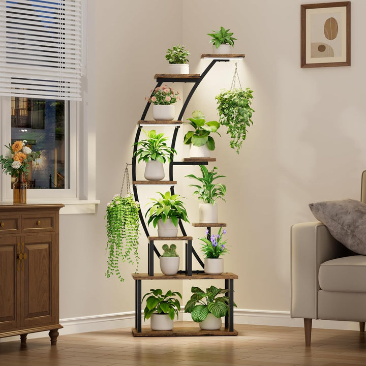 BACEKOLL Pflanzenregal mit Wachstumslicht - 9 Ebenen Blumenständer 160cm Metall Holz Pflanzenständer