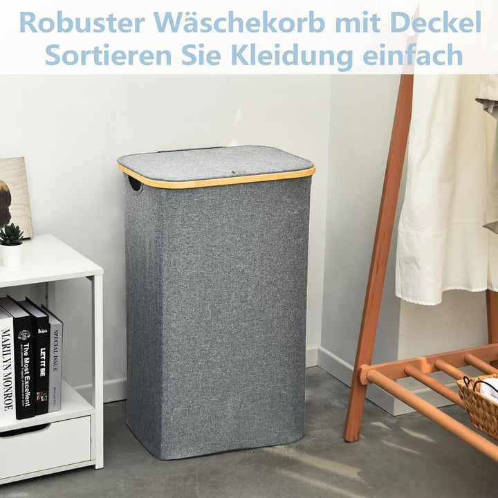 ROSOS Wäschekorb mit Deckel, 102L Faltbarer Wäschekorb mit Herausnehmbaren Wäschesack, Wasserdichter