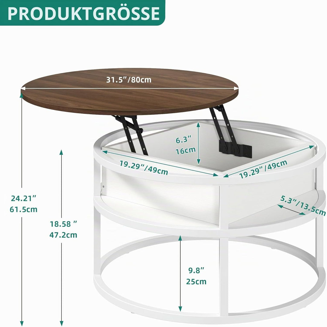 YITAHOME Couchtisch Rund mit Hebeplatte, Wohnzimmertisch mit verstecktem Ablagefach, Beistelltisch R