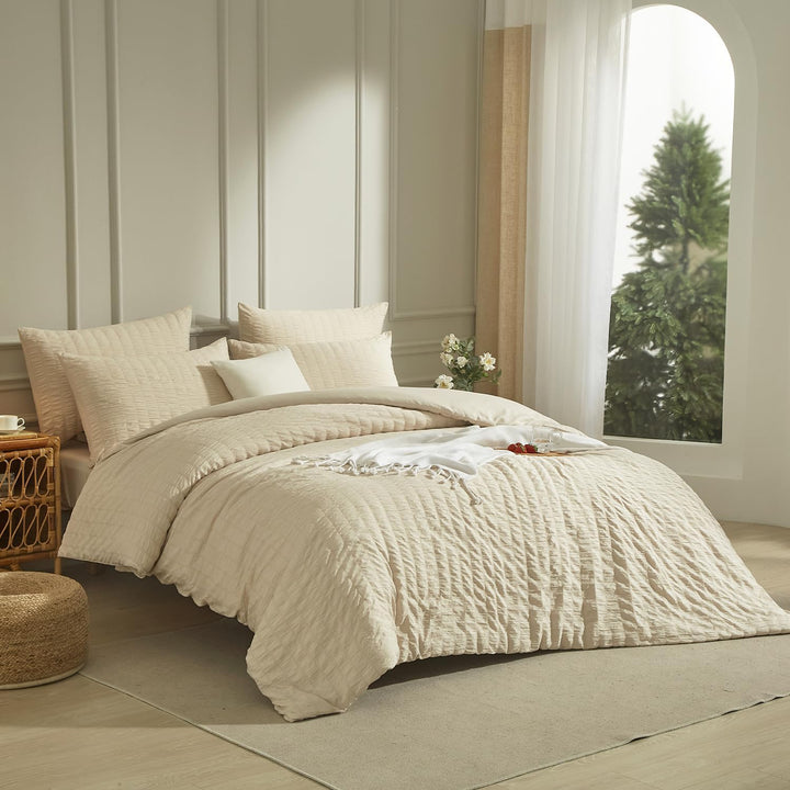 Seersucker Bettwäsche 135 x 200 Beige Khaki Sommer Uni Wende Gestreifte Sommerbettwäsche Microfaser