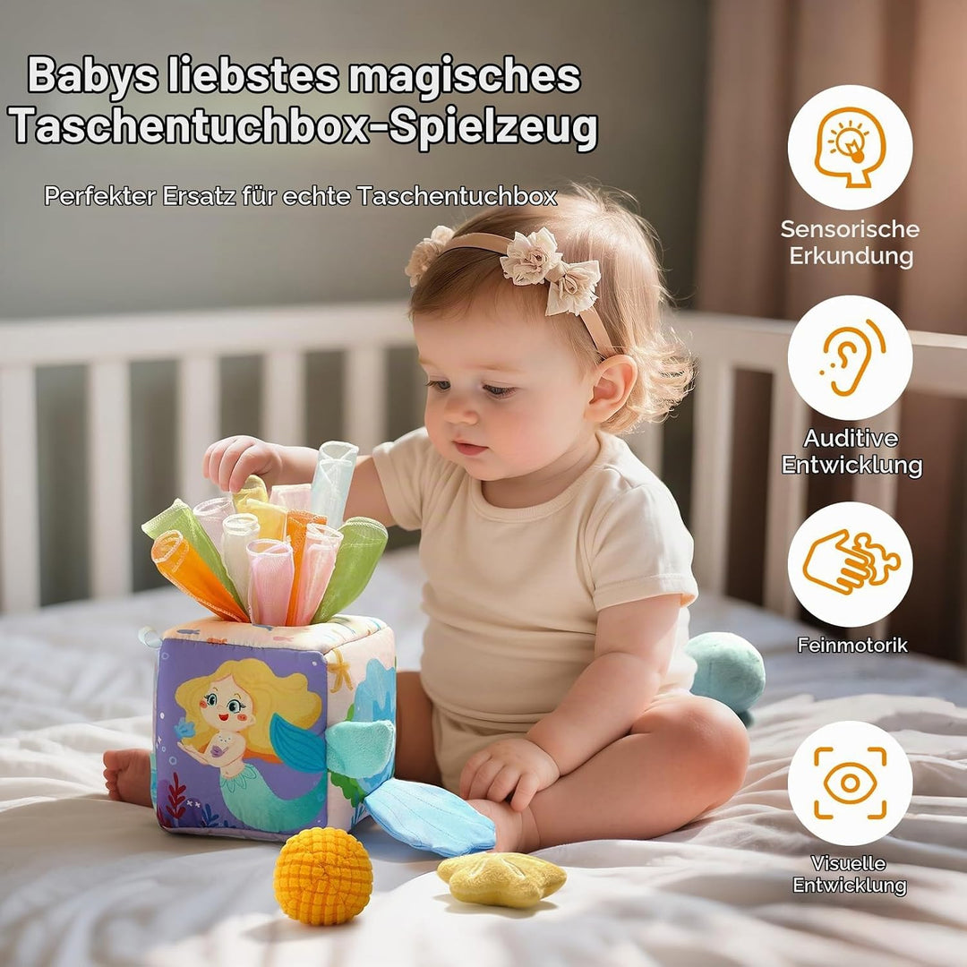 WOODEN TEETHER Baby Spielzeug Tissue Box Toy, Montessori Motorik Sensorik 6 12 Monate Hohem Kontrast