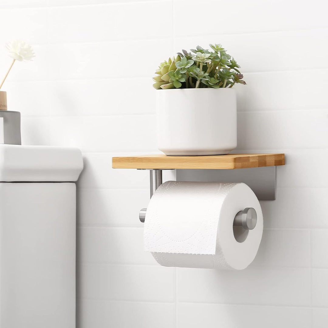 KES Toilettenpapierhalter ohne Bohren mit Bambus-Ablage Klopapierhalter Klorollenhalter WC Papier Ha