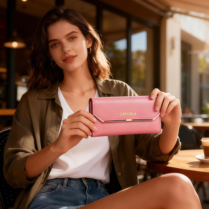 Geldbeutel Damen Leder Geldbörse RFID Schutz Large Portemonnaie Minimalistisch Lange Brieftasche Ros
