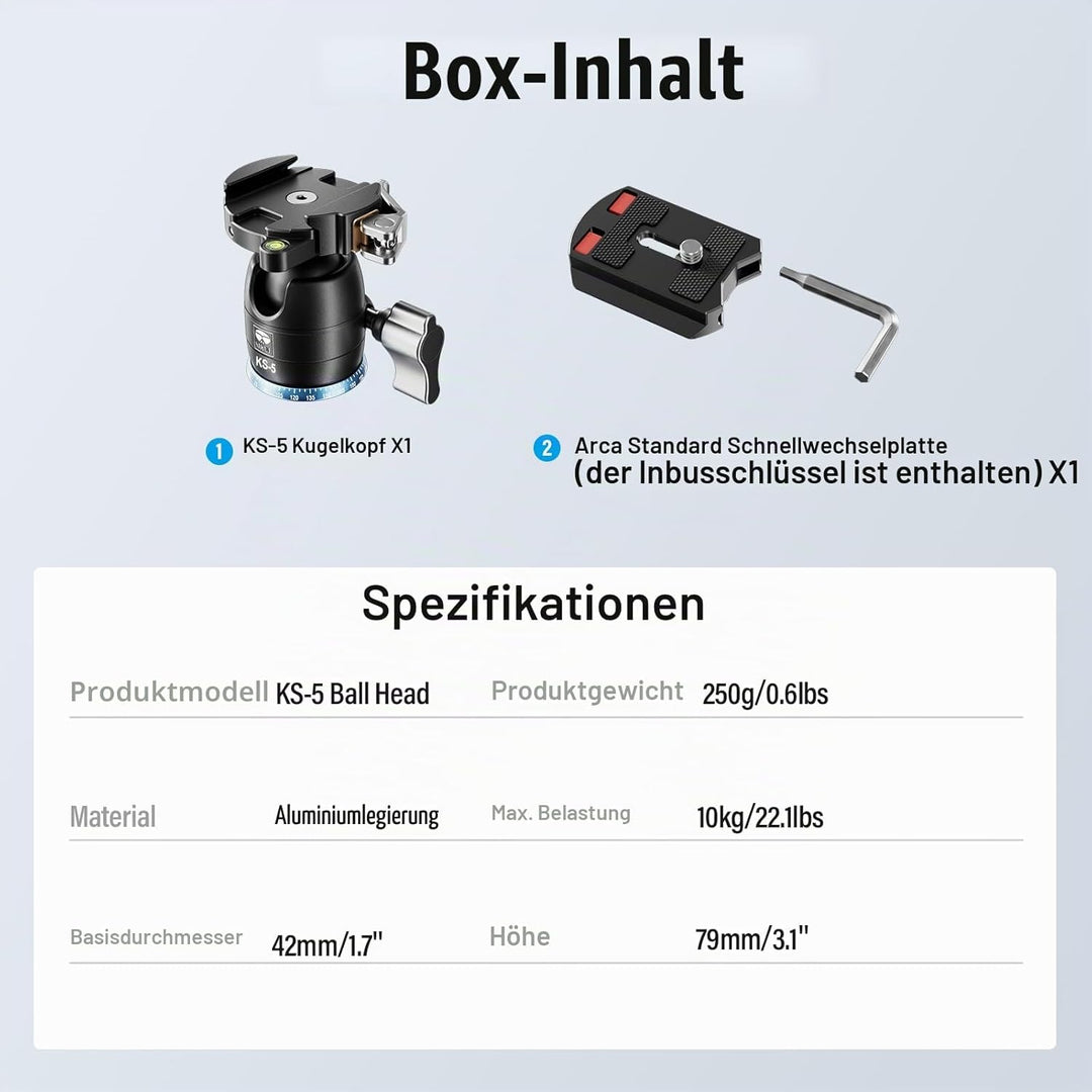 SIRUI KS-5 Kugelkopf Low Profile für Stativ, 29 mm 360° Panorama Aluminium Stativkopf für Kamera, Ca