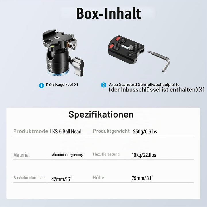 SIRUI KS-5 Kugelkopf Low Profile für Stativ, 29 mm 360° Panorama Aluminium Stativkopf für Kamera, Ca