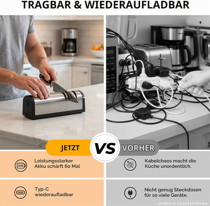 Flechazo Elektrischer Messerschärfer, USB-C Aufladbar, Tragbar, Kunststoff, für Grobe und Feine Klin
