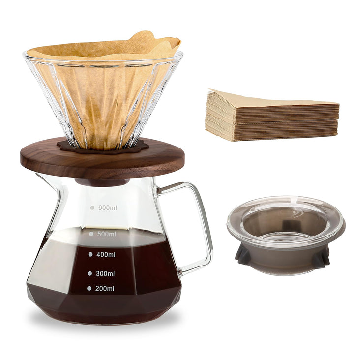 Pour Over Kaffeebereiter, 600 ml Borosilikatglas-Karaffe mit 100 Stück Papierfilter Grösse 02, Walnu