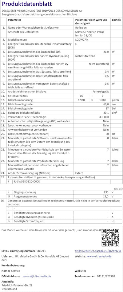 Reflexion LDDW27i+ Smart LED-TV (Bluetooth) mit DVD-Player, DVB-S2 (SAT), DVB-C (Kabel), DVB-T2 HD (