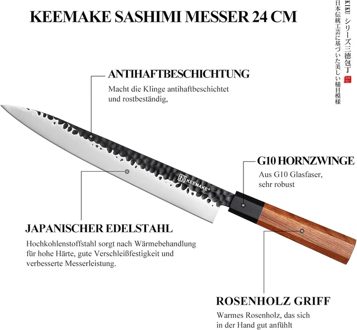 KEEMAKE Sashimi Sushi Messer, Japanisches Messer Fischmesser 25 cm Klinge aus hochwertigem Edelstahl