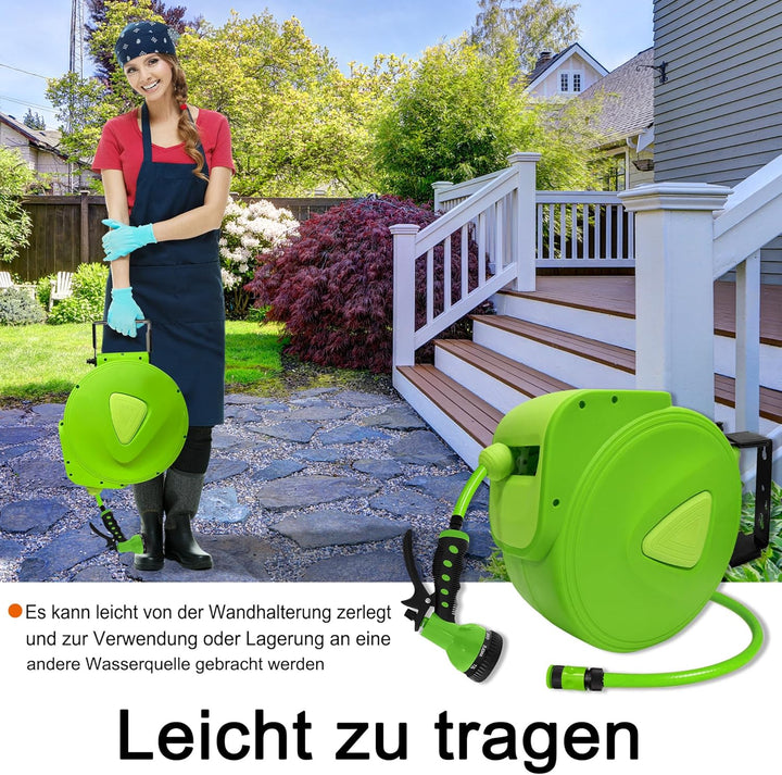Wand-Schlauchbox 20m – Gartenschlauch Aufroller mit 9 Sprühfunktionen, Wandhalterung 180° drehbar, P