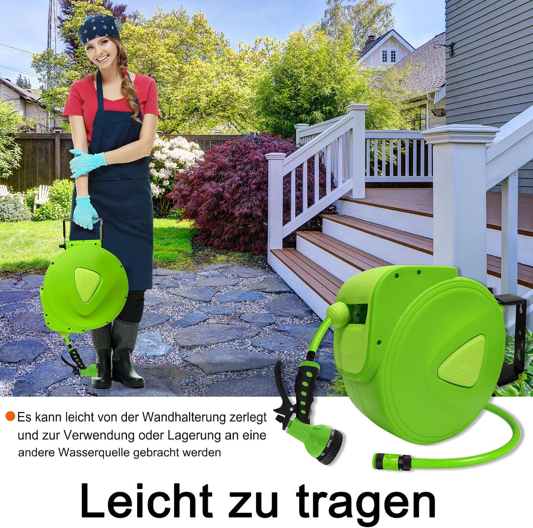 Wand-Schlauchbox 30m – Gartenschlauch Aufroller mit 9 Sprühfunktionen, Wandhalterung 180° drehbar, P